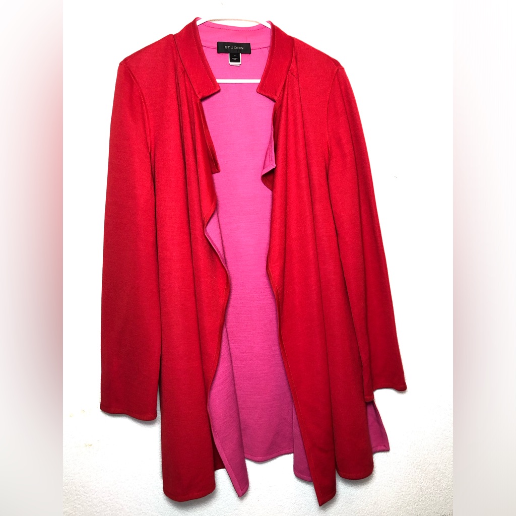 St. John Red And Pink Casual Open Front Drapet Knit Jacket. Size 10 Wool/Rayon